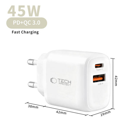 Sieťová nabíjačka s káblom USB-C Tech-Protect NCA45W, 45W, 3A, 1 x USB-A - 1 x USB-C, Biela