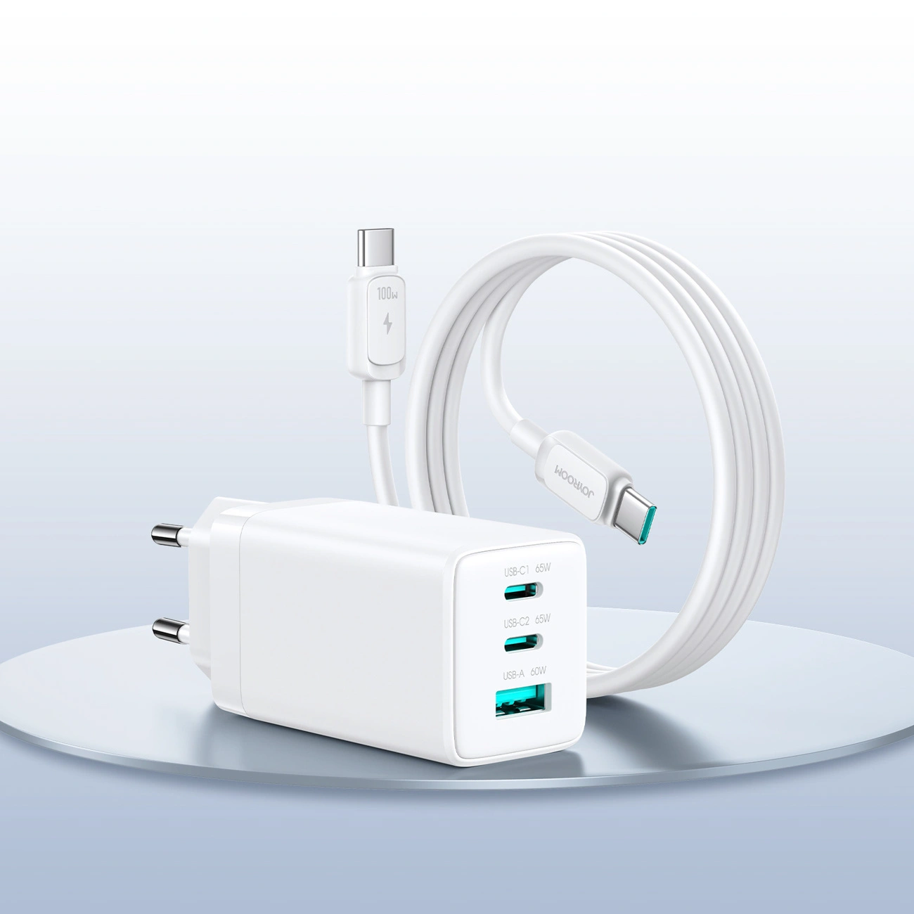 Joyroom JR-TG10 USB-C Network Charger with Cable, 65W, 3.25A, 1 x USB-A - 2 x USB-C, White