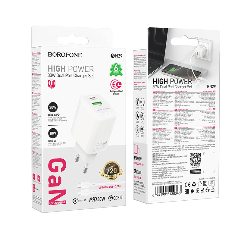 Sieťová nabíjačka s káblom USB-C Borofone BN29 Fuente, 30W, 3A, 1 x USB-A - 1 x USB-C, Biela