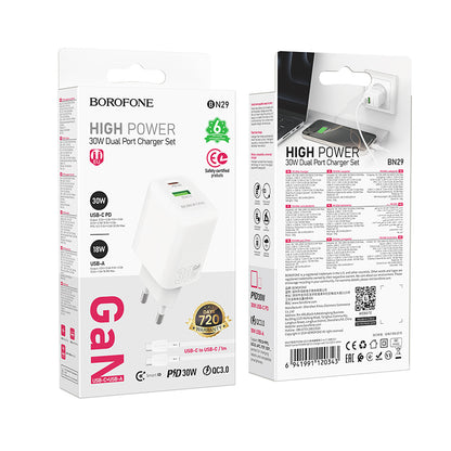 Sieťová nabíjačka s káblom USB-C Borofone BN29 Fuente, 30W, 3A, 1 x USB-A - 1 x USB-C, Biela