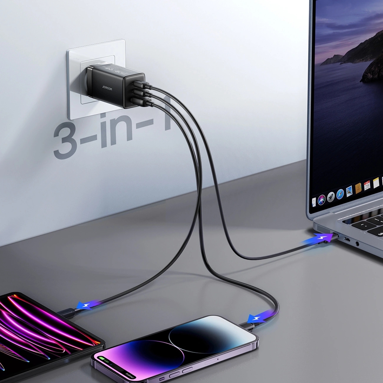 Sieťová nabíjačka s USB-C káblom Joyroom JR-TG10, 65W, 3,25A, 1 x USB-A - 2 x USB-C, čierna