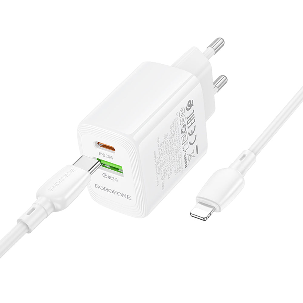 Sieťová nabíjačka s káblom Lightning Borofone BN27 Fuente, 20W, 3A, 1 x USB-A - 1 x USB-C, Biela