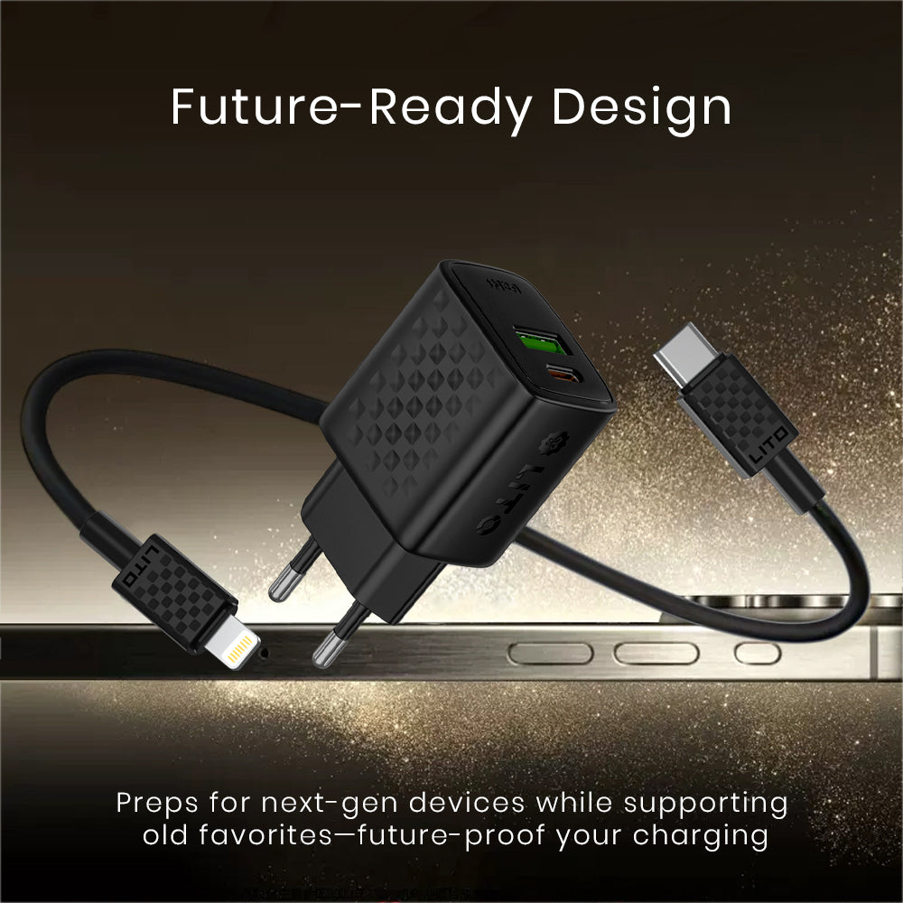 Sieťová nabíjačka s káblom Lightning Lito LC15L, 20W, 3A, 1 x USB-A - 1 x USB-C, čierna