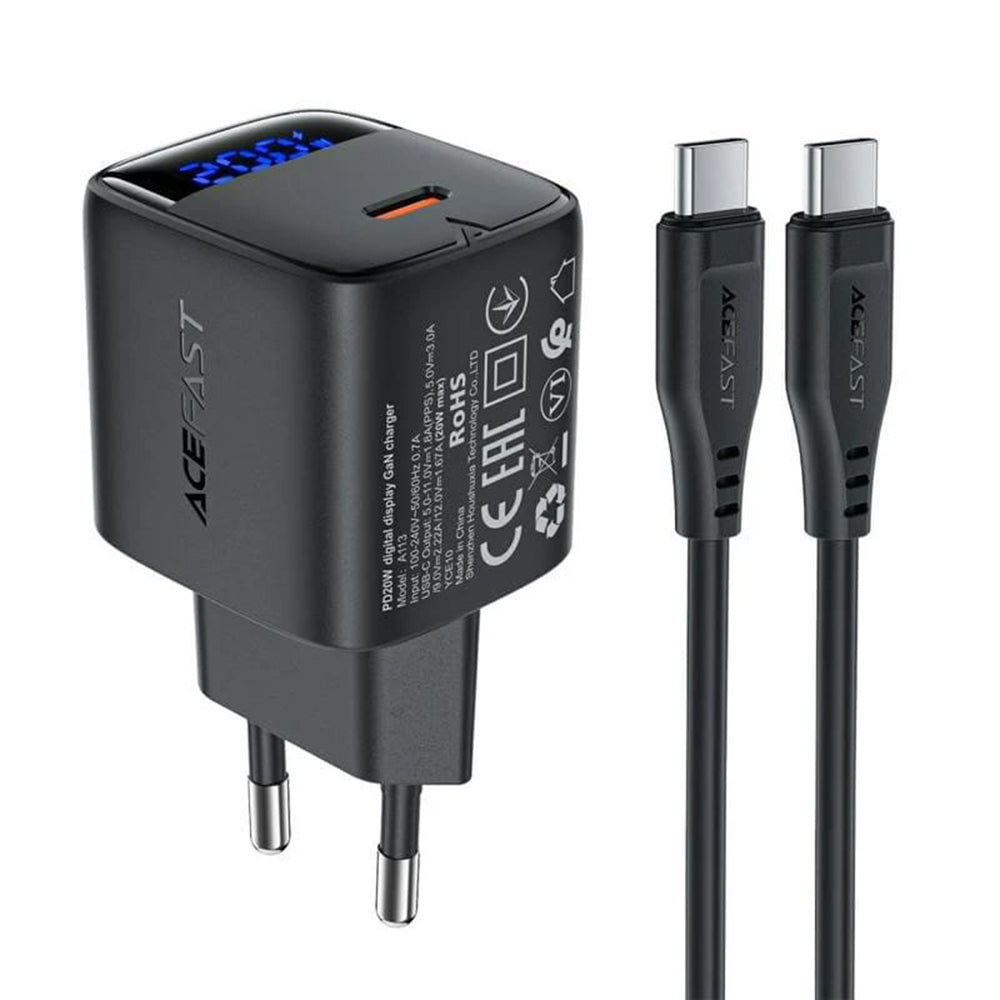 Sieťová nabíjačka s káblom USB-C Acefast A113 Display, 20W, 3A, 1 x USB-C, Čierna