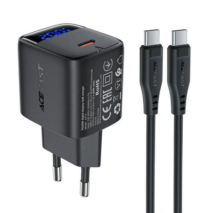 Sieťová nabíjačka s káblom USB-C Acefast A113 Display, 20W, 3A, 1 x USB-C, Čierna