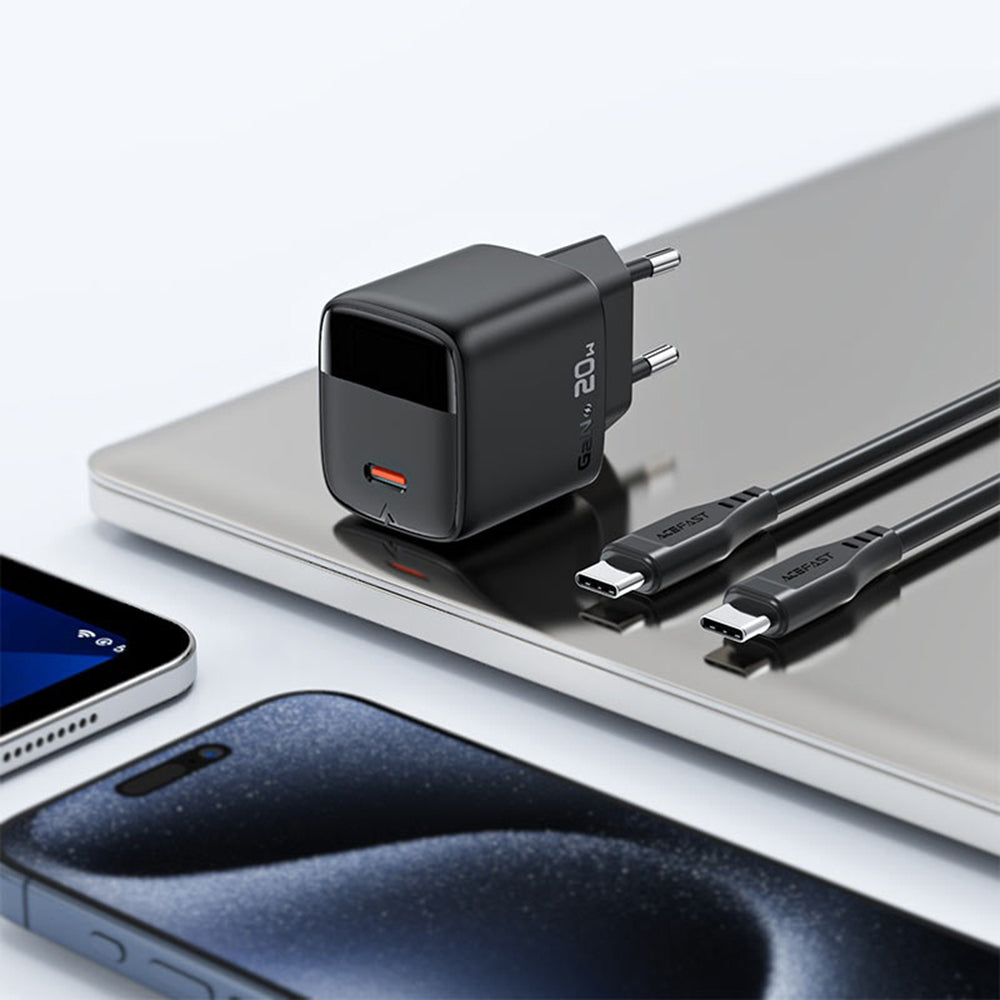 Sieťová nabíjačka s káblom USB-C Acefast A113 Display, 20W, 3A, 1 x USB-C, Čierna