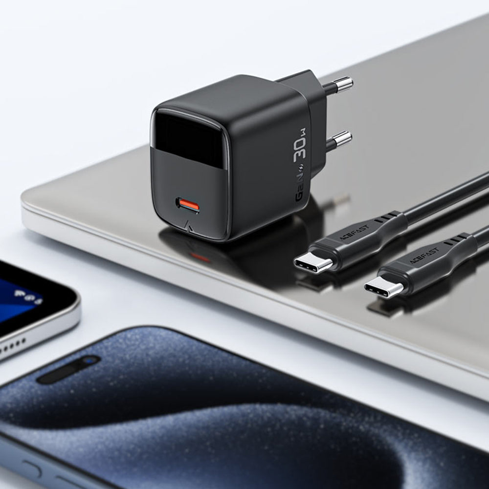Sieťová nabíjačka s káblom USB-C Acefast A115 Display, 30W, 3A, 1 x USB-C, Čierna