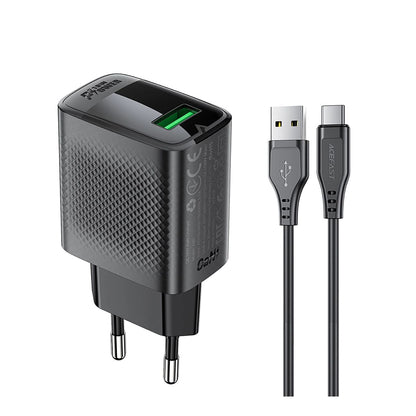 Sieťová nabíjačka s káblom USB-C Acefast A90, 18W, 3A, 1 x USB-A, čierna