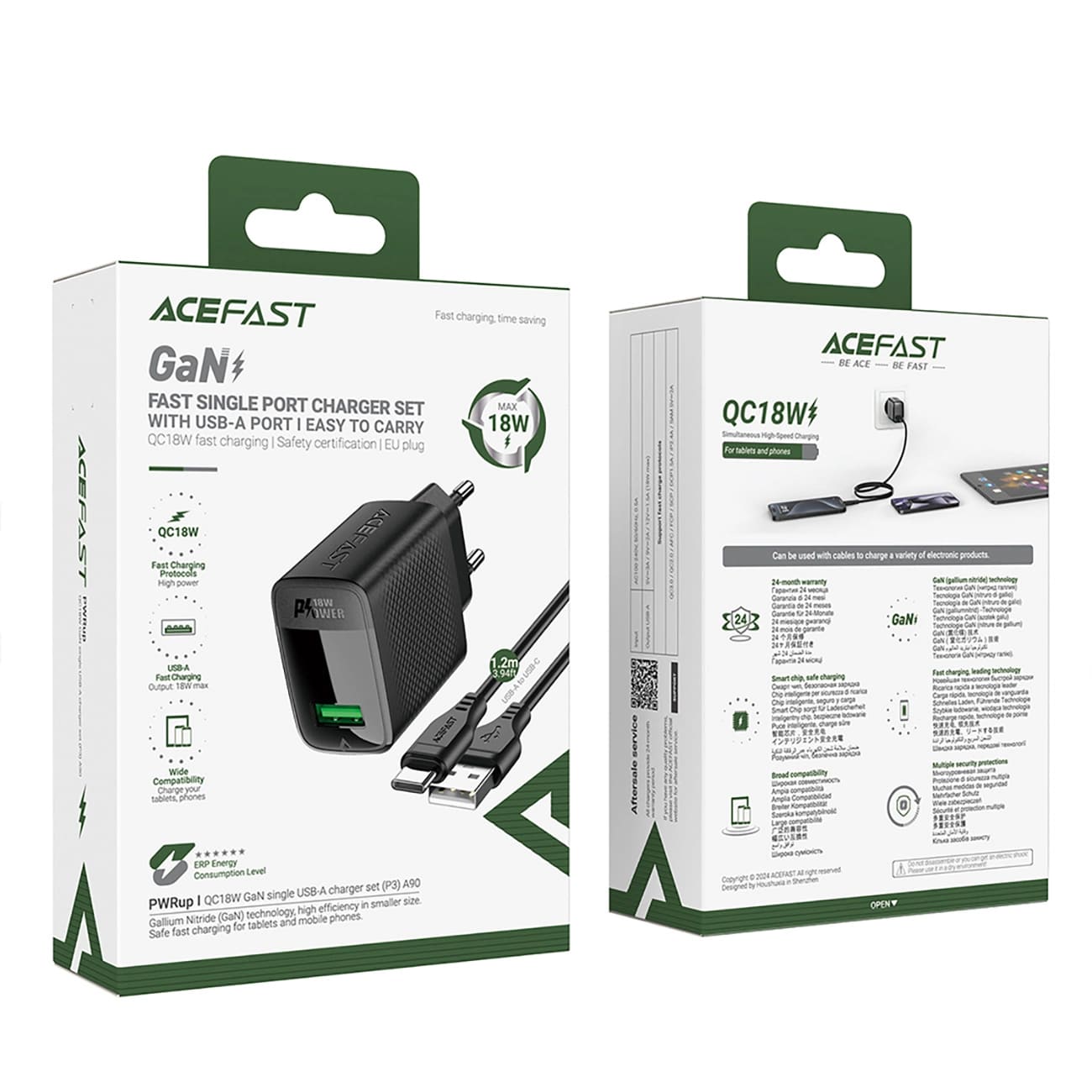 Sieťová nabíjačka s káblom USB-C Acefast A90, 18W, 3A, 1 x USB-A, čierna