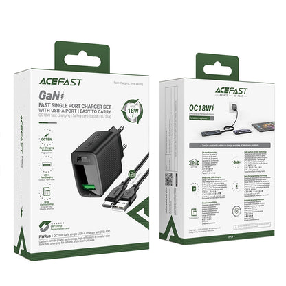 Sieťová nabíjačka s káblom USB-C Acefast A90, 18W, 3A, 1 x USB-A, čierna