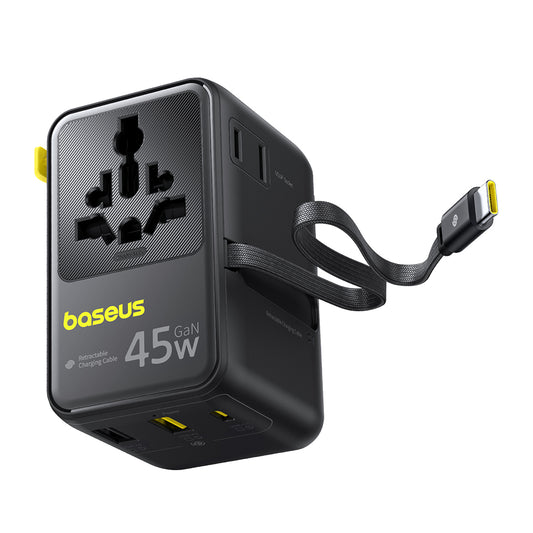 Sieťová nabíjačka s USB-C káblom Baseus Travel PicoGo AG11, 45W, 2 x zásuvka - 1 x USB-C - 2 x USB-A, čierna E0307F00