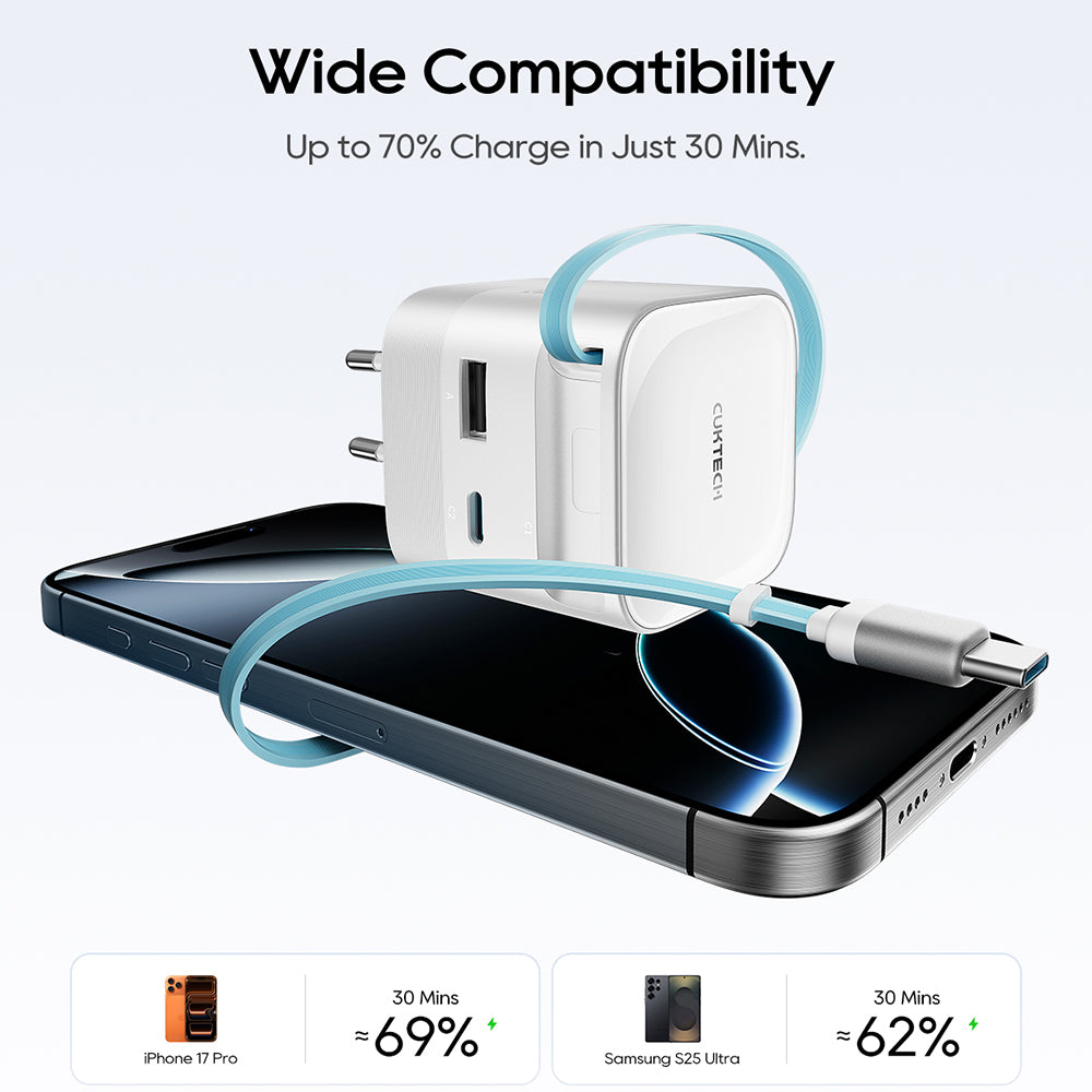 Sieťová nabíjačka s USB-C káblom Cuktech, 67W, 3,25A, 1 x USB-A - 1 x USB-C, biela CUKA653WEUWT