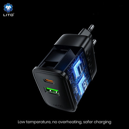Network Charger with USB-C Cable Lito LC24T, 65W, 3.25A, 1 x USB-A - 1 x USB-C, Black