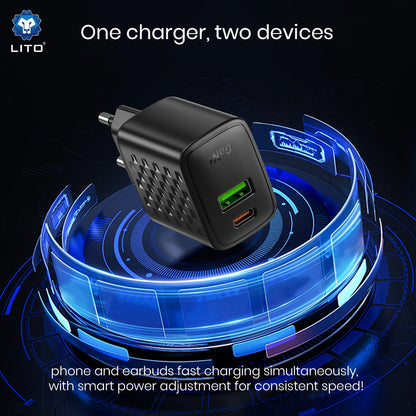 Network Charger with USB-C Cable Lito LC24T, 65W, 3.25A, 1 x USB-A - 1 x USB-C, Black
