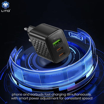 Network Charger with USB-C Cable Lito LC25T, 65W, 3.25A, 1 x USB-A - 2 x USB-C, Black