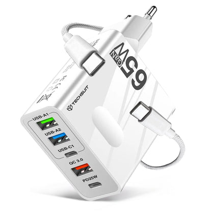Sieťová nabíjačka s káblom USB-C Techsuit CHC1 PentaXPower, 25W, 3A, 3 x USB-A - 2 x USB-C, Biela
