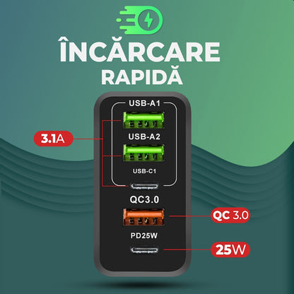 Sieťová nabíjačka s káblom USB-C Techsuit CHC1 PentaXPower, 25W, 3A, 3 x USB-A - 2 x USB-C, čierna