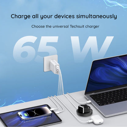 Network Charger with USB-C Cable Techsuit CHC2 PentaXPower, 20W, 3A, 3 x USB-A - 2 x USB-C, White