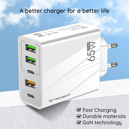 Network Charger with USB-C Cable Techsuit CHC2 PentaXPower, 20W, 3A, 3 x USB-A - 2 x USB-C, White