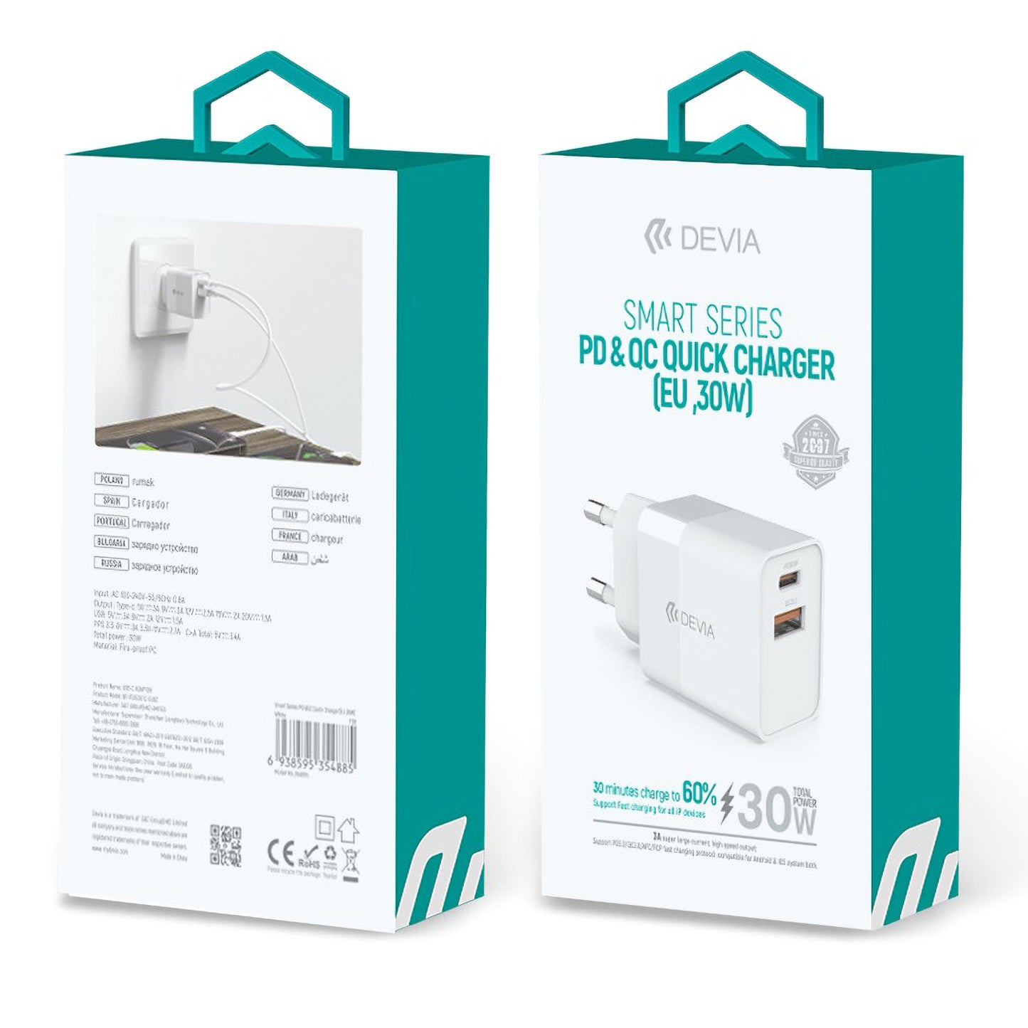 DEVIA RLC-389 Sieťová nabíjačka, 30 W, 3A, 1 x USB-A - 1 x USB-C, biela 