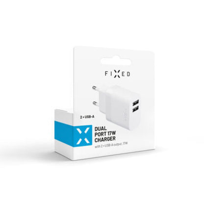 Sieťová nabíjačka Fixed, 17W, 3A, 2 x USB-A, Biela