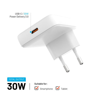 Sieťová nabíjačka Fixed, 30W, 3A, 1 x USB-C, Biela