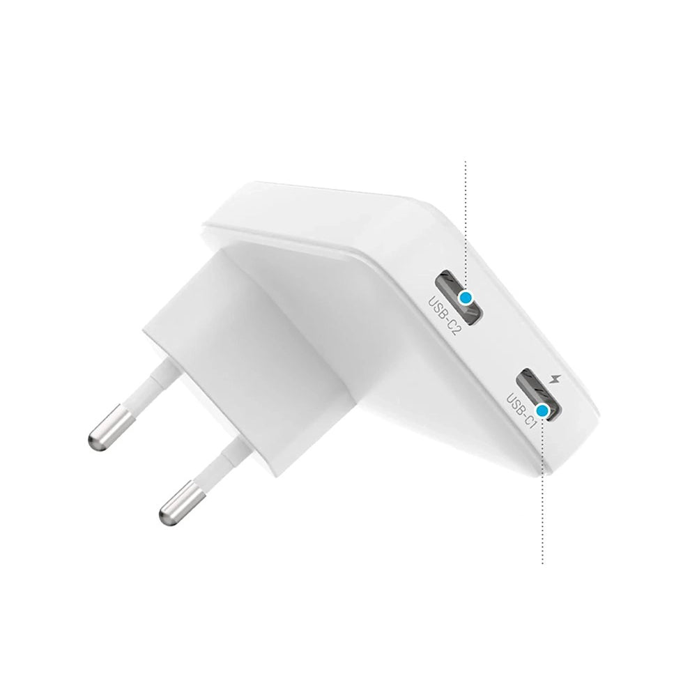 Sieťová nabíjačka Fixed Slim, 45W, 3A, 2 x USB-C, Biela