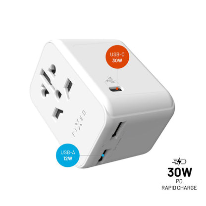 Sieťová nabíjačka Fixed Travel, 30W, 3A, 2 x USB-A - 1 x USB-C, Biela