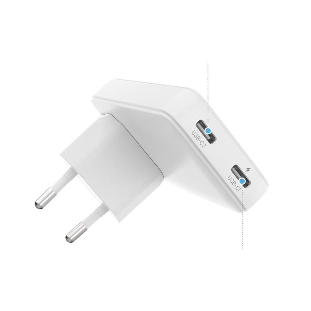 Sieťová nabíjačka Fixed Travel, 45W, 3A, 2 x USB-C, Biela