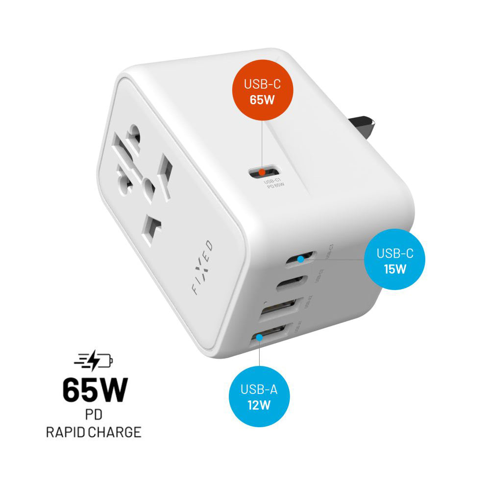 Sieťová nabíjačka Fixed Travel, 65W, 3.25A, 2 x USB-A - 3 x USB-C, Biela