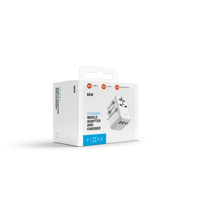 Sieťová nabíjačka Fixed Travel, 65W, 3.25A, 2 x USB-A - 3 x USB-C, Biela