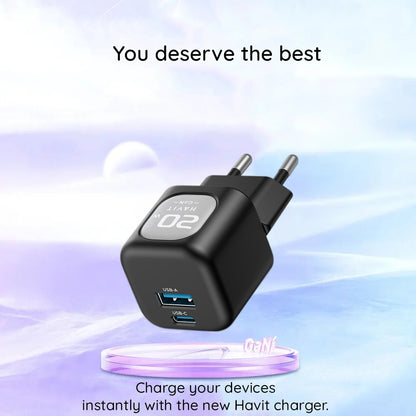 HAVIT UC220 Network Charger, 20W, 3A, 1 x USB-A - 1 x USB-C, Black Grey