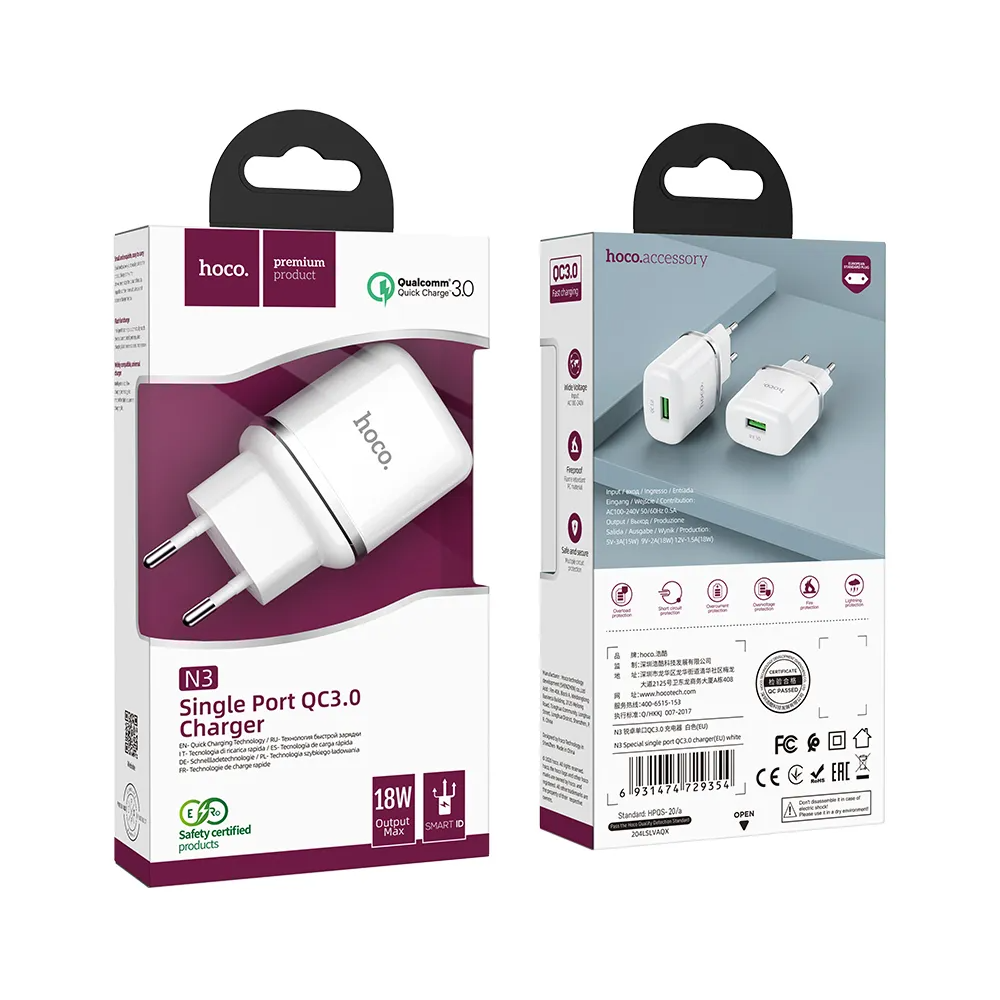 Sieťová nabíjačka HOCO N3, 18W, 3A, 1 x USB-A, Biela