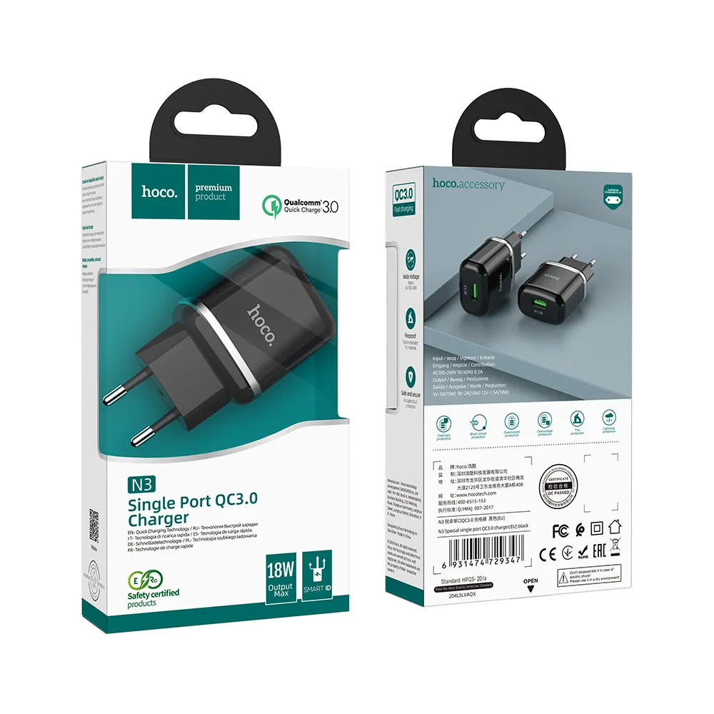 Sieťová nabíjačka HOCO N3, 18W, 3A, 1 x USB-A, Čierna