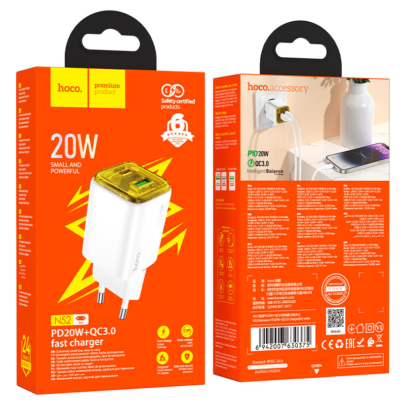 Sieťová nabíjačka HOCO N52, 20W, 3A, 1 x USB-A - 1 x USB-C, Biela