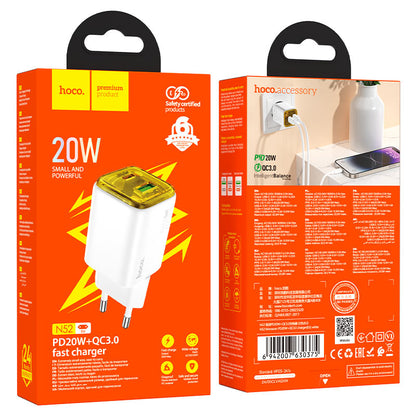 Sieťová nabíjačka HOCO N52, 20W, 3A, 1 x USB-A - 1 x USB-C, Biela