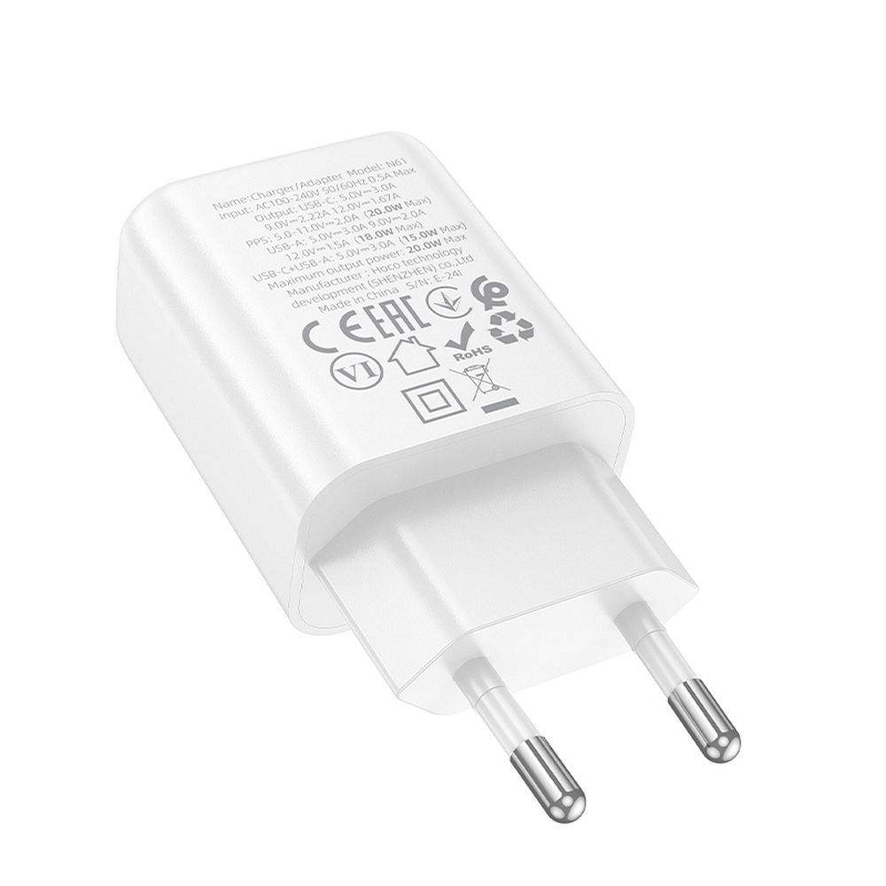 HOCO N61 Network Charger, 20W, 3A, 1 x USB-A - 1 x USB-C, White