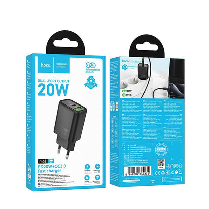 Sieťová nabíjačka HOCO N61, 20W, 3A, 1 x USB-A - 1 x USB-C, Čierna