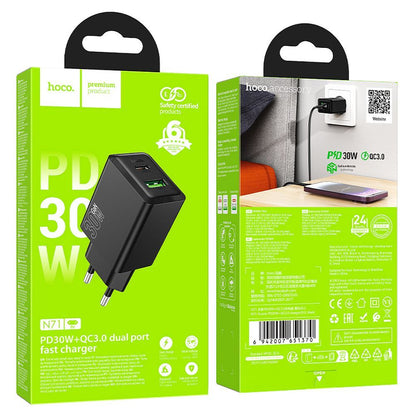 Sieťová nabíjačka HOCO N71, 30W, 3A, 1 x USB-A - 1 x USB-C, Čierna