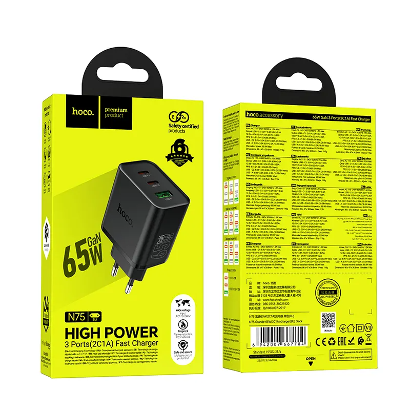 Sieťová nabíjačka HOCO N75, 65W, 3A, 1 x USB-A - 2 x USB-C, Čierna