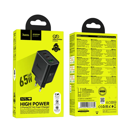 Sieťová nabíjačka HOCO N75, 65W, 3A, 1 x USB-A - 2 x USB-C, Čierna