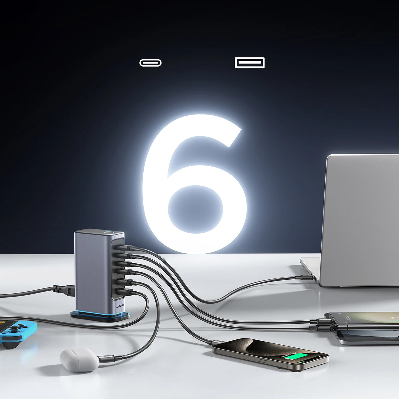 Nabíjačka Stanica Joyroom JR-TCM02, 65W, 3.25A, 2 x USB-A - 4 x USB-C, Sivá