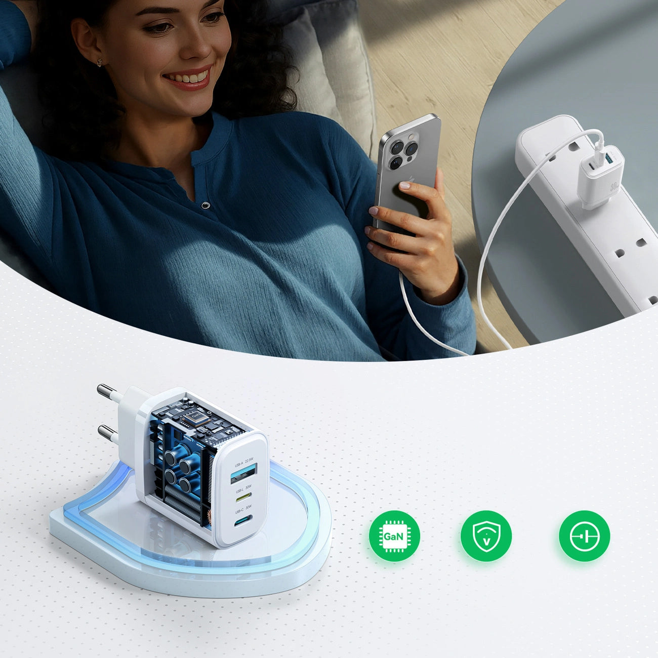 Sieťová nabíjačka Joyroom JR-TG6, 30W, 3A, 1 x Lightning - 1 x USB-A - 1 x USB-C, biela