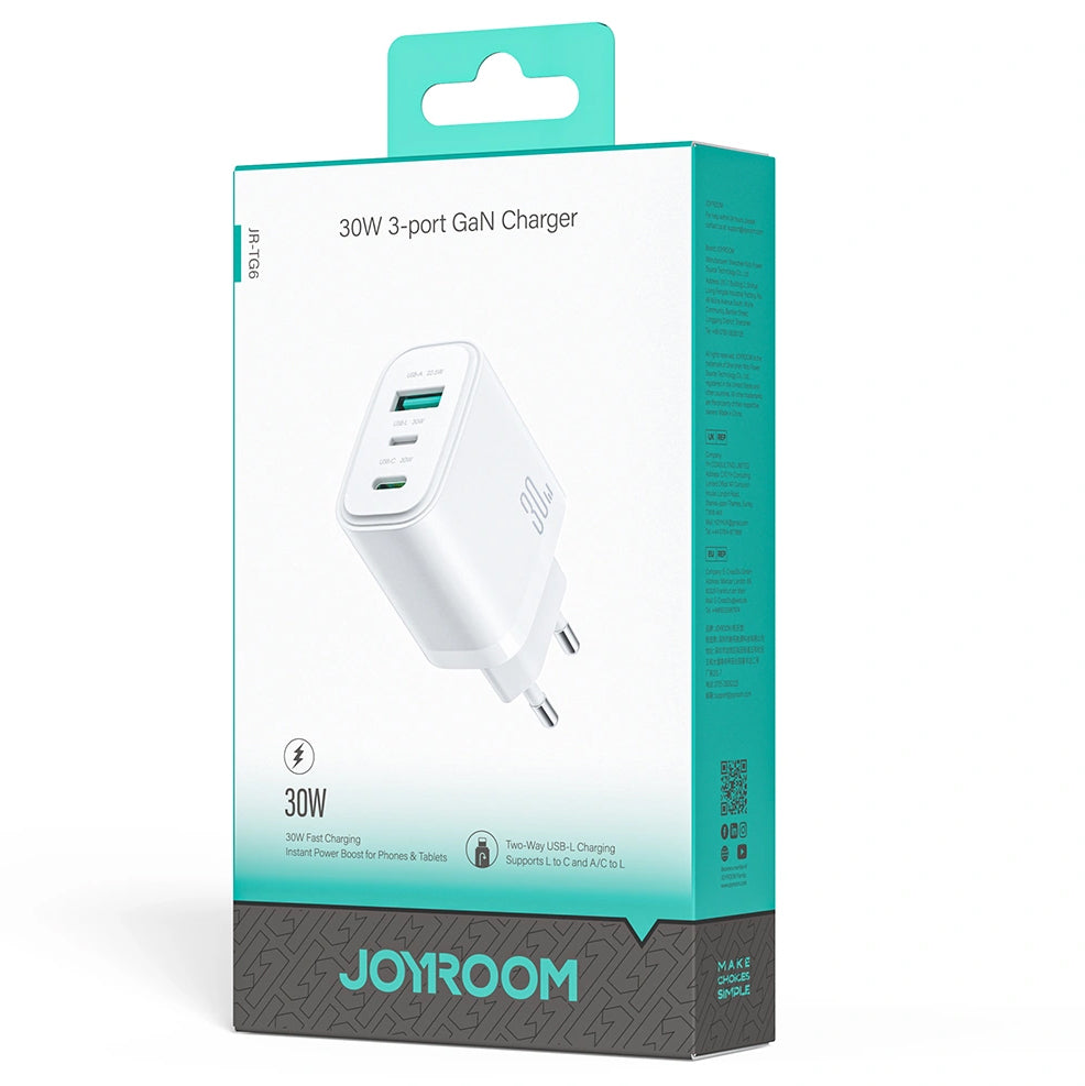 Sieťová nabíjačka Joyroom JR-TG6, 30W, 3A, 1 x Lightning - 1 x USB-A - 1 x USB-C, biela