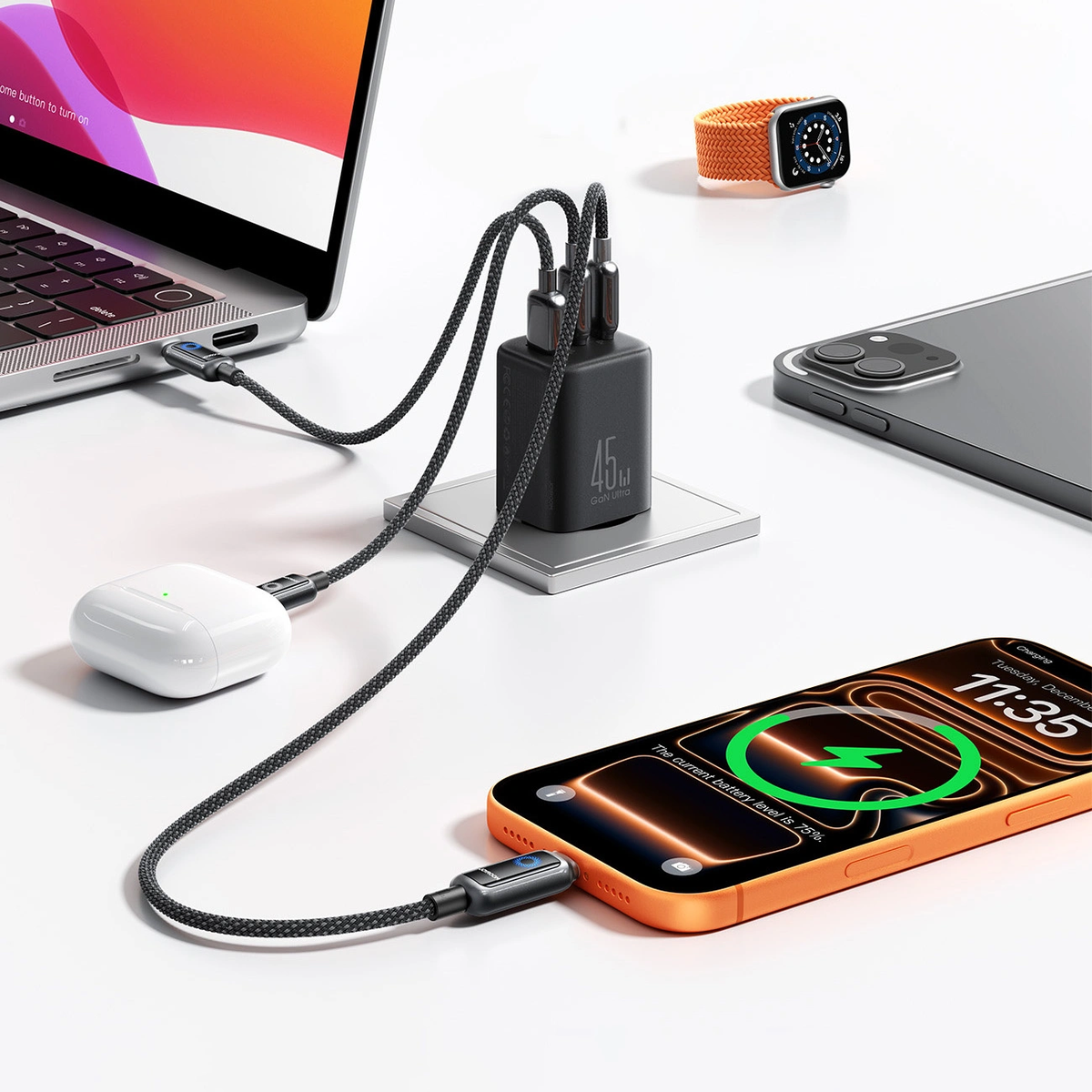 Sieťová nabíjačka Joyroom JR-TO1, 45W, 3A, 1 x Lightning - 1 x USB-A - 1 x USB-C, čierna