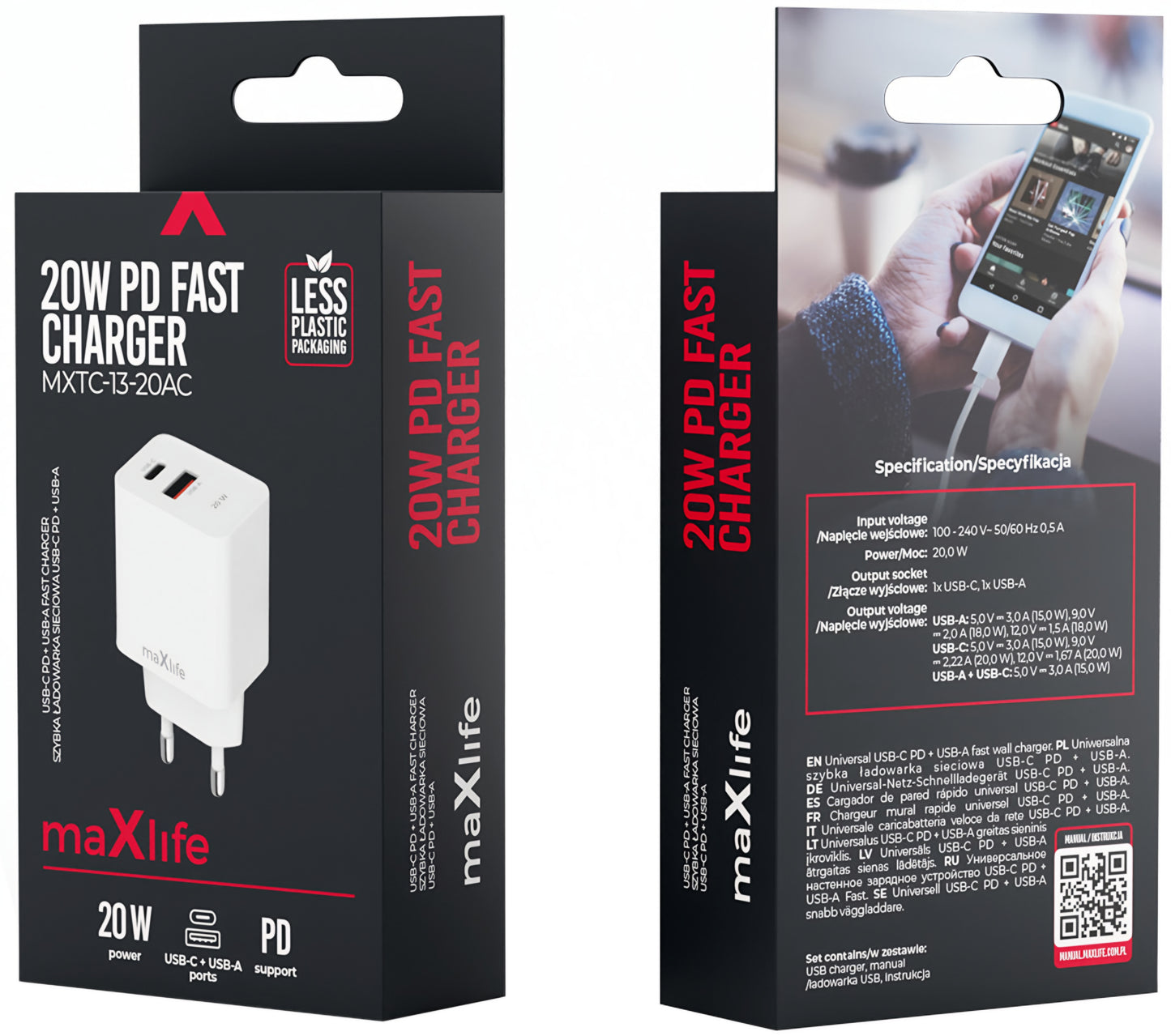 Sieťová nabíjačka MaXlife MXTC-13-20AC, 20W, 3A, 1 x USB-A - 1 x USB-C, Biela