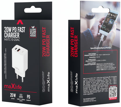 Sieťová nabíjačka MaXlife MXTC-13-20AC, 20W, 3A, 1 x USB-A - 1 x USB-C, Biela