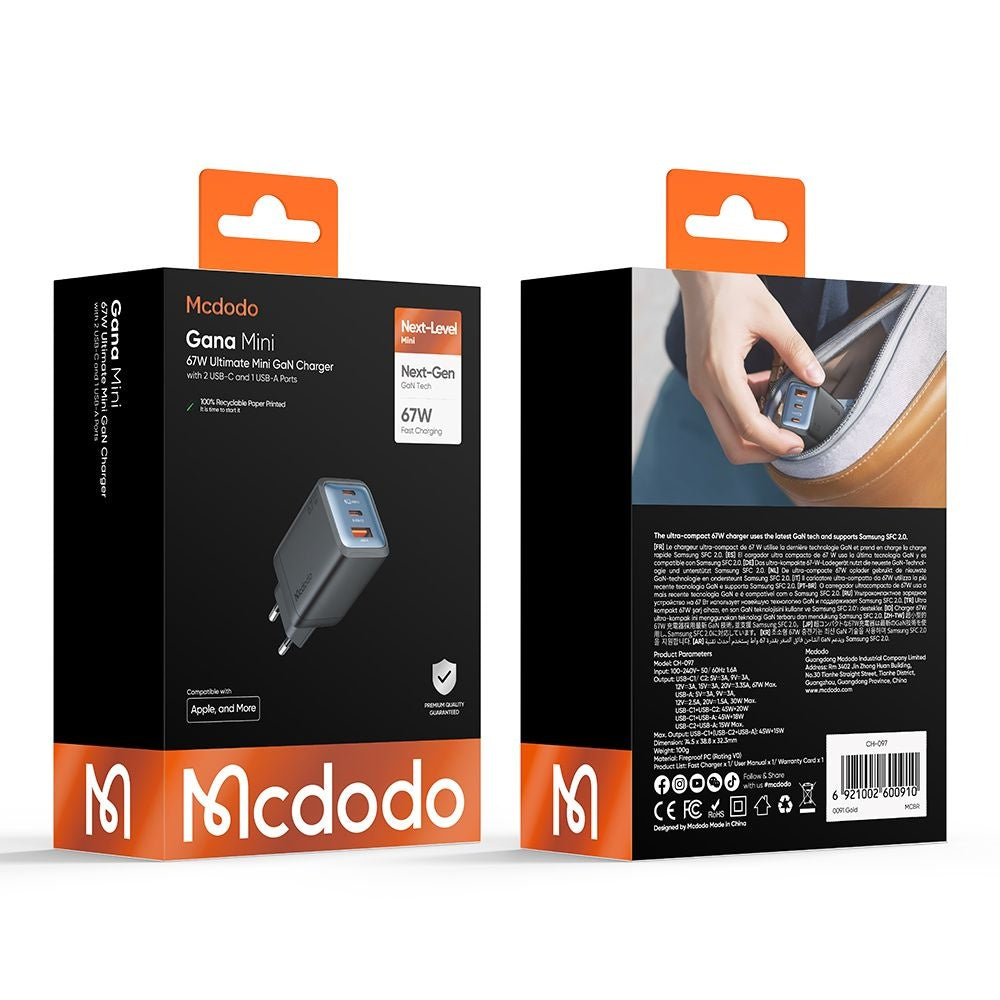 Sieťová nabíjačka McDodo CH-0970 Gana Mini, 67W, 3A, 1 x USB-A - 2 x USB-C, Čierna