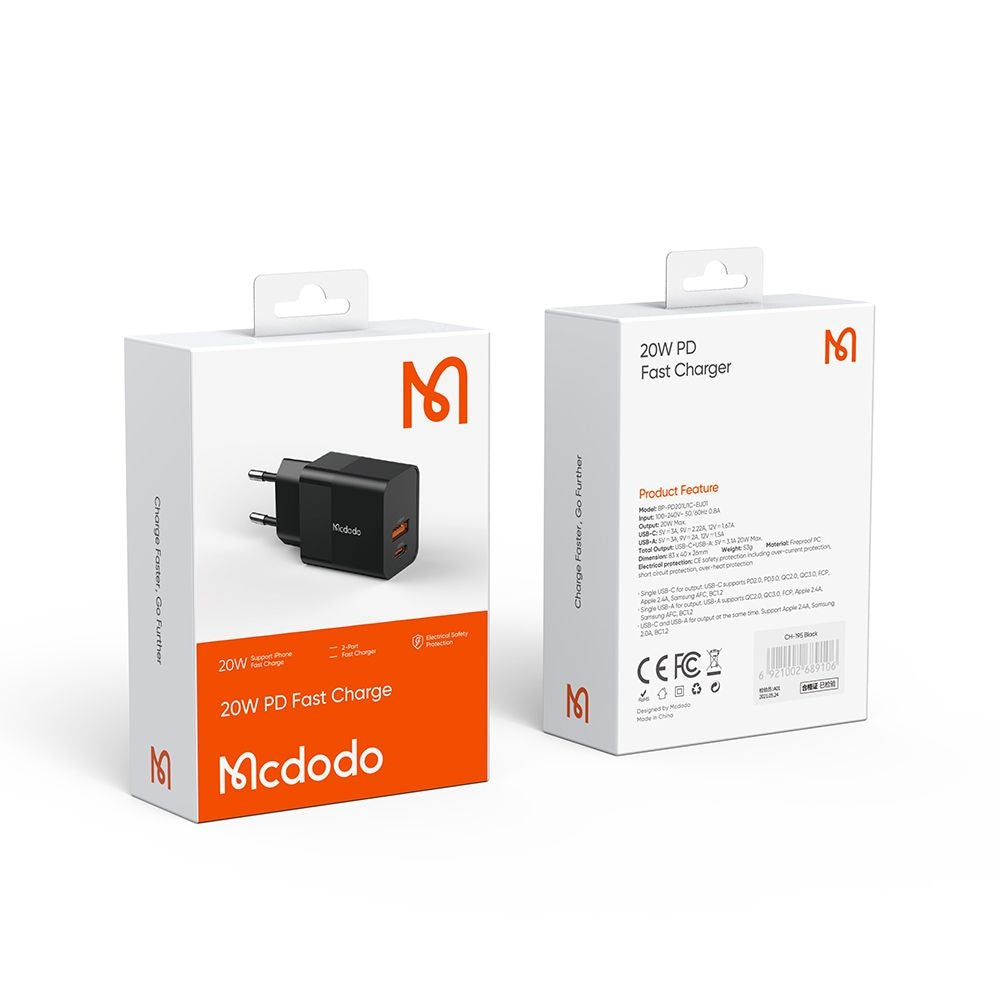 Sieťová nabíjačka McDodo CH-1951 Hydrogen, 20W, 3A, 1 x USB-A - 1 x USB-C, Čierna
