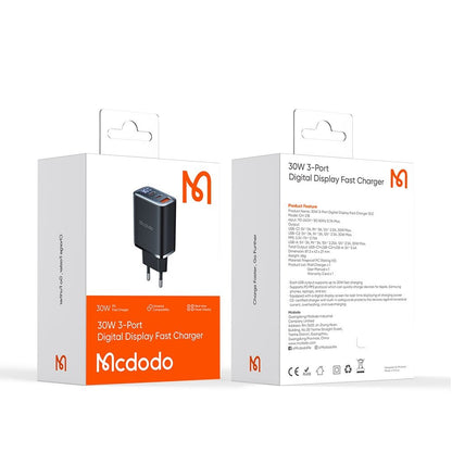 Sieťová nabíjačka McDodo CH-2180 Display, 30W, 3A, 1 x USB-A - 2 x USB-C, Čierna